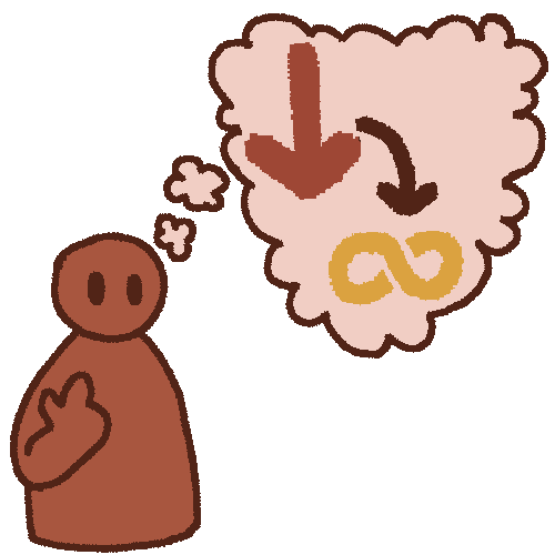 A drawing of a red person pointing at themself. From their head is a light red thought bubble and in it is a red downward arrow with an arrow pointing to an autism infinity symbol.